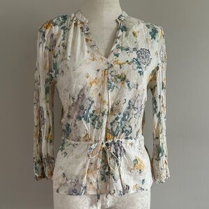 Women's Cream Floral V-Neck Drawstring Blouse